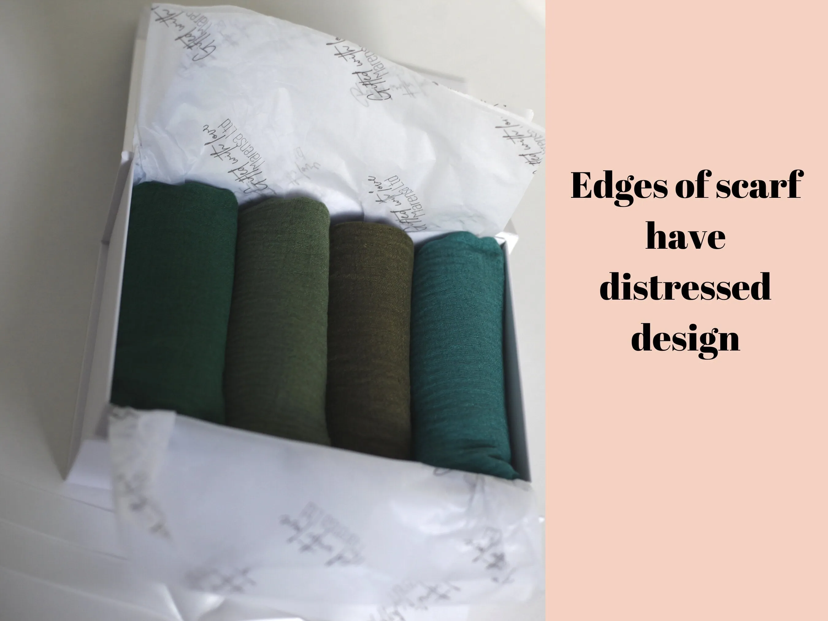 Shades of forest green crimple scarf with distressed edge, Perfect Eid Hijabs, or if you are gifting hijab gifts, perfectly boxed