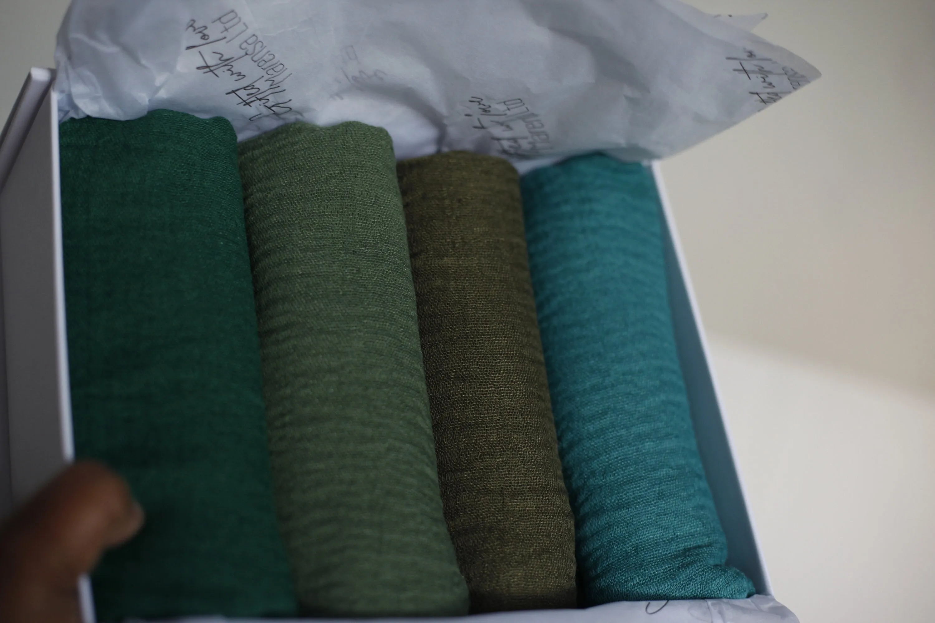 Shades of forest green crimple scarf with distressed edge, Perfect Eid Hijabs, or if you are gifting hijab gifts, perfectly boxed