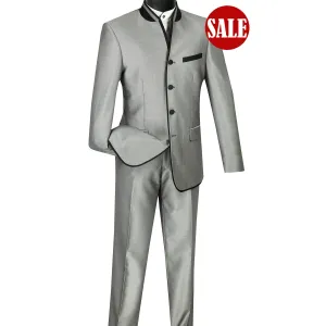 Sharkskin Slim-Fit Banded-Collar Nehru Church Suit Gray