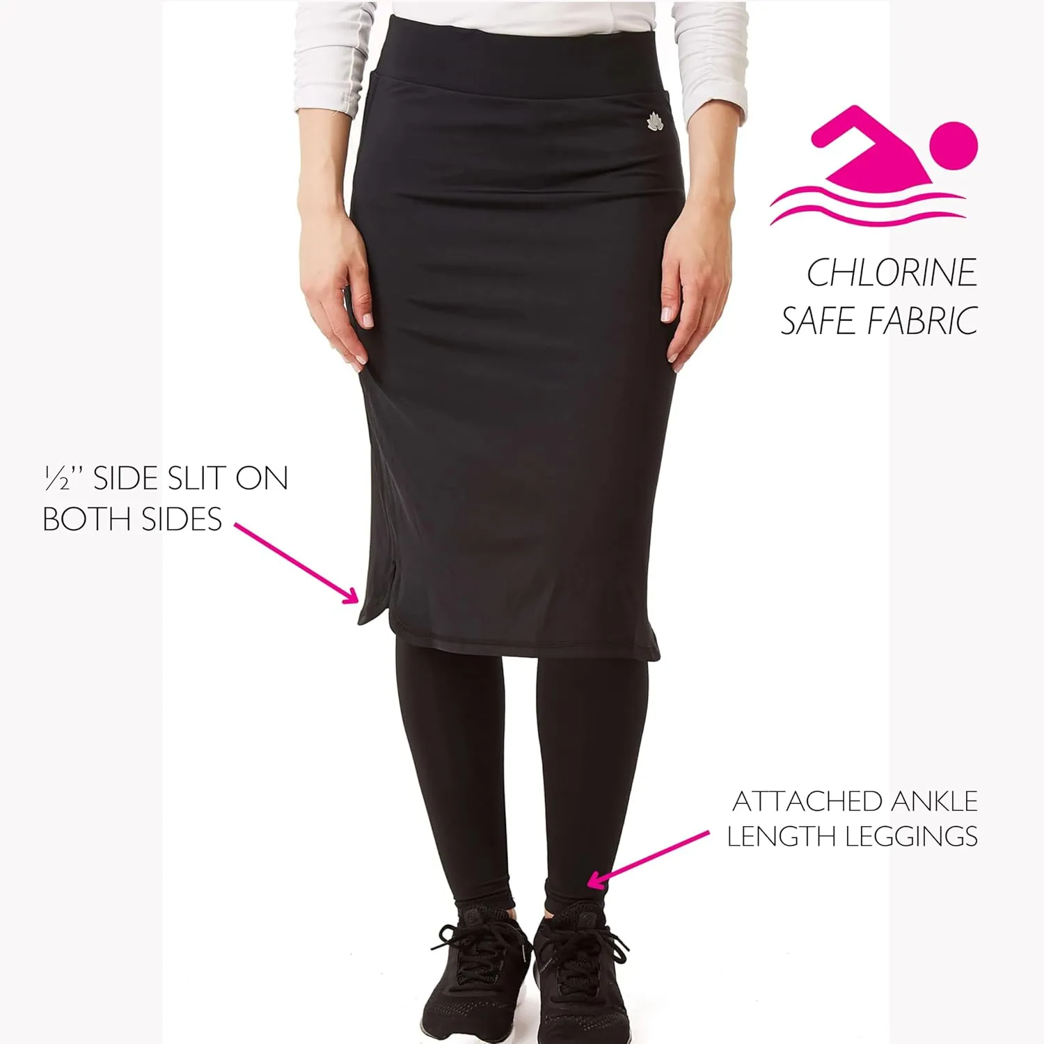 Snoga Athletics- Women's Cropped Shirttail 24in Modest Midi Pencil Skirt w/Leggings, Side Slits & Back Pocket