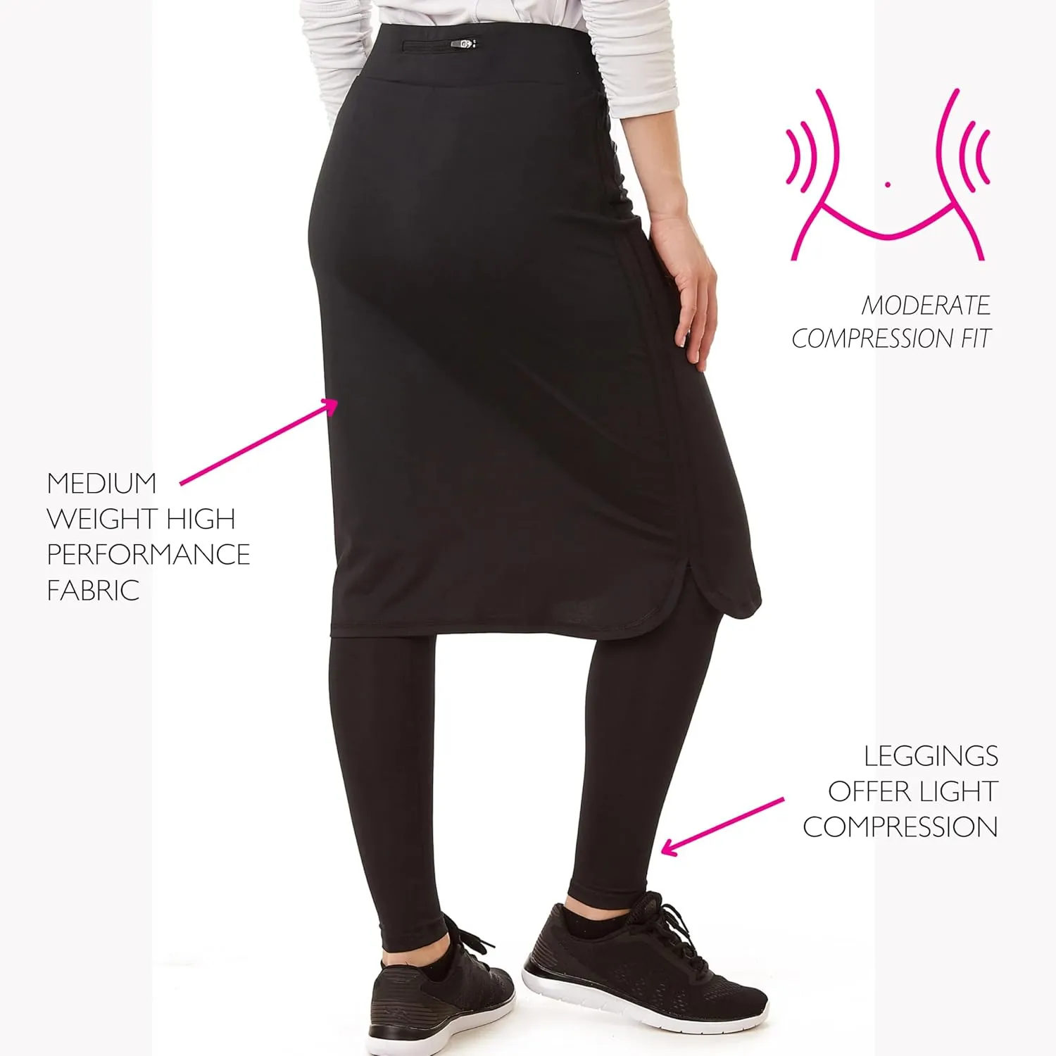 Snoga Athletics- Women's Cropped Shirttail 24in Modest Midi Pencil Skirt w/Leggings, Side Slits & Back Pocket