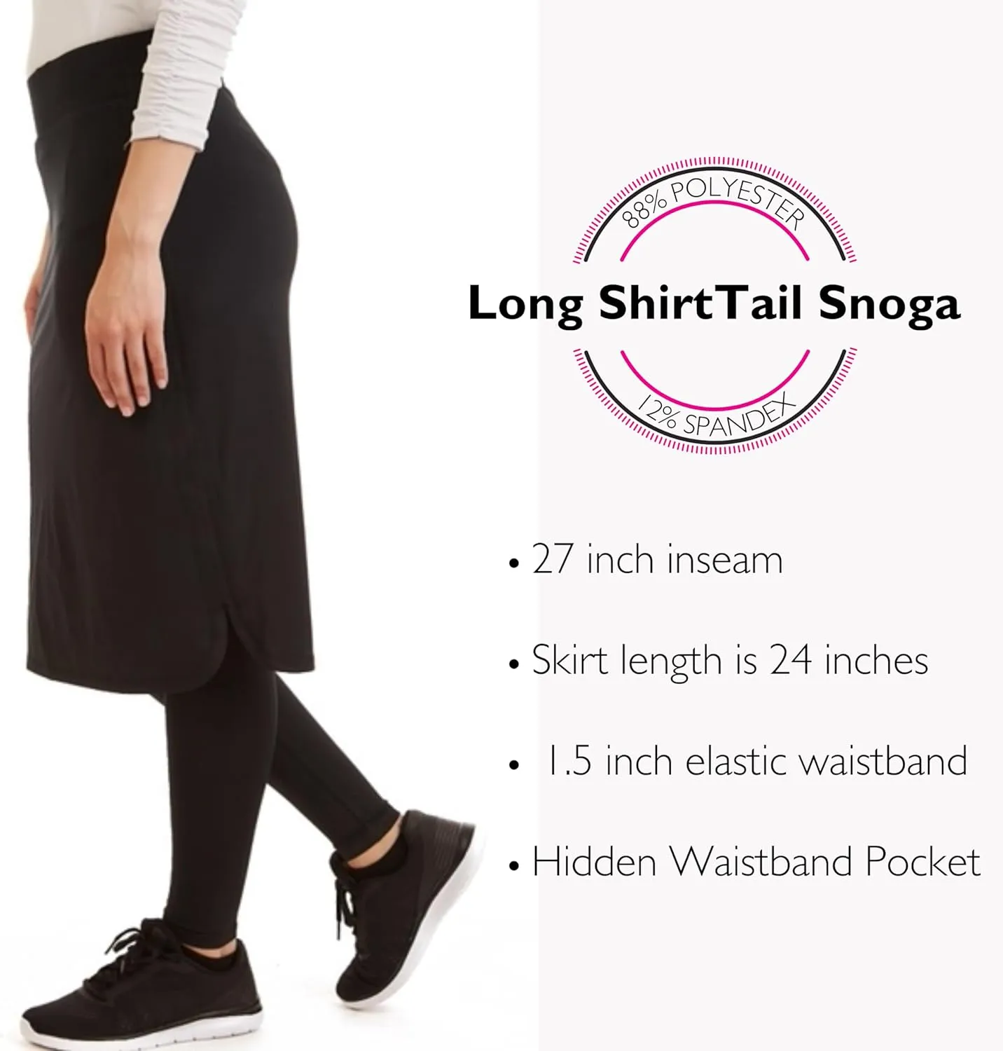 Snoga Athletics- Women's Cropped Shirttail 24in Modest Midi Pencil Skirt w/Leggings, Side Slits & Back Pocket