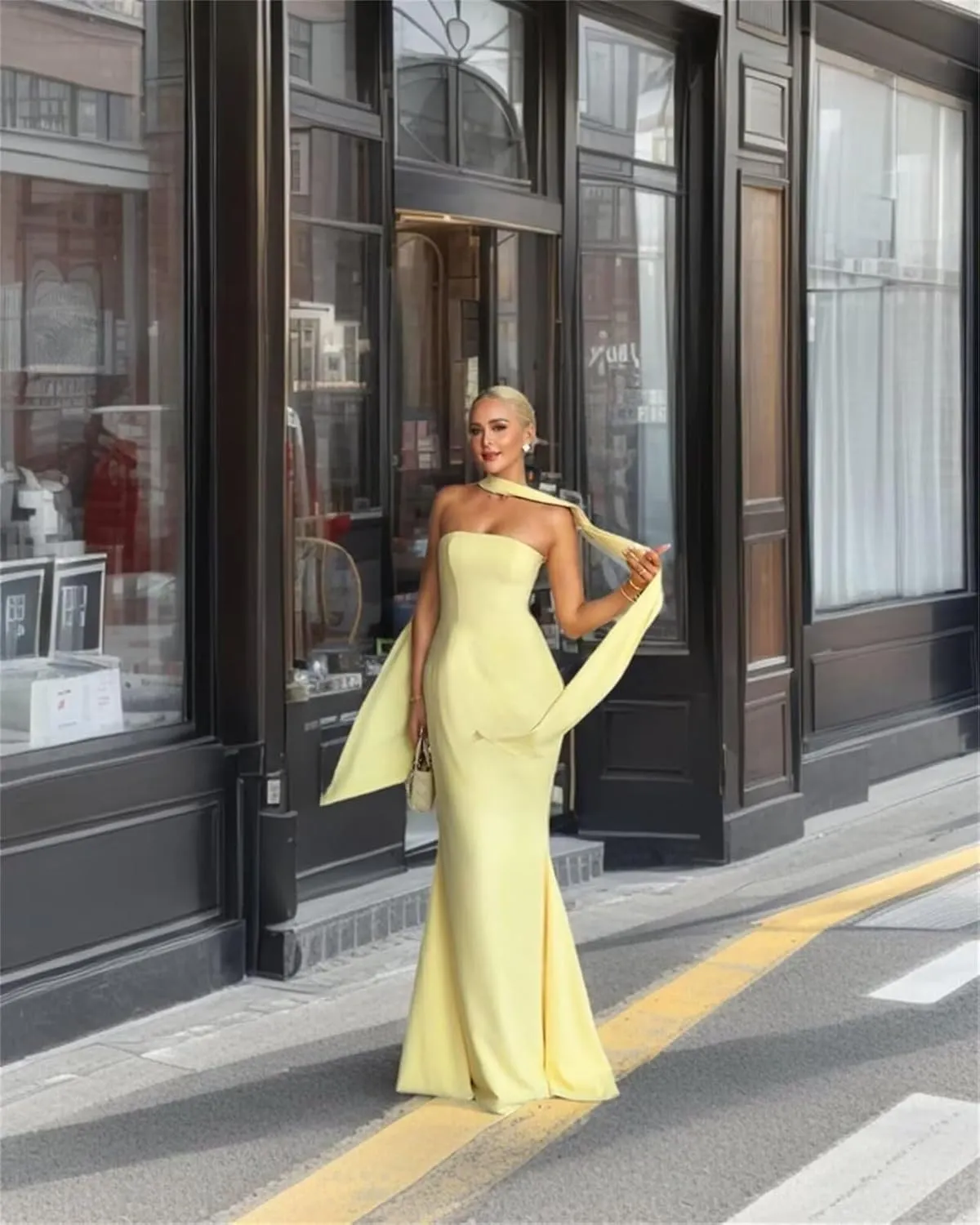 Strapless Prom Dresses Mermaid Long Cocktail Dresses for Women Satin Formal Dresses for Women with Scarves