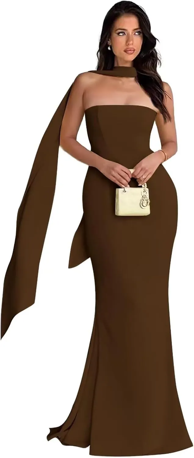 Strapless Prom Dresses Mermaid Long Cocktail Dresses for Women Satin Formal Dresses for Women with Scarves
