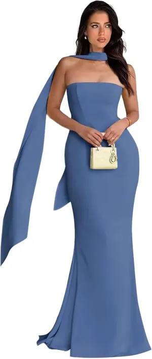 Strapless Prom Dresses Mermaid Long Cocktail Dresses for Women Satin Formal Dresses for Women with Scarves
