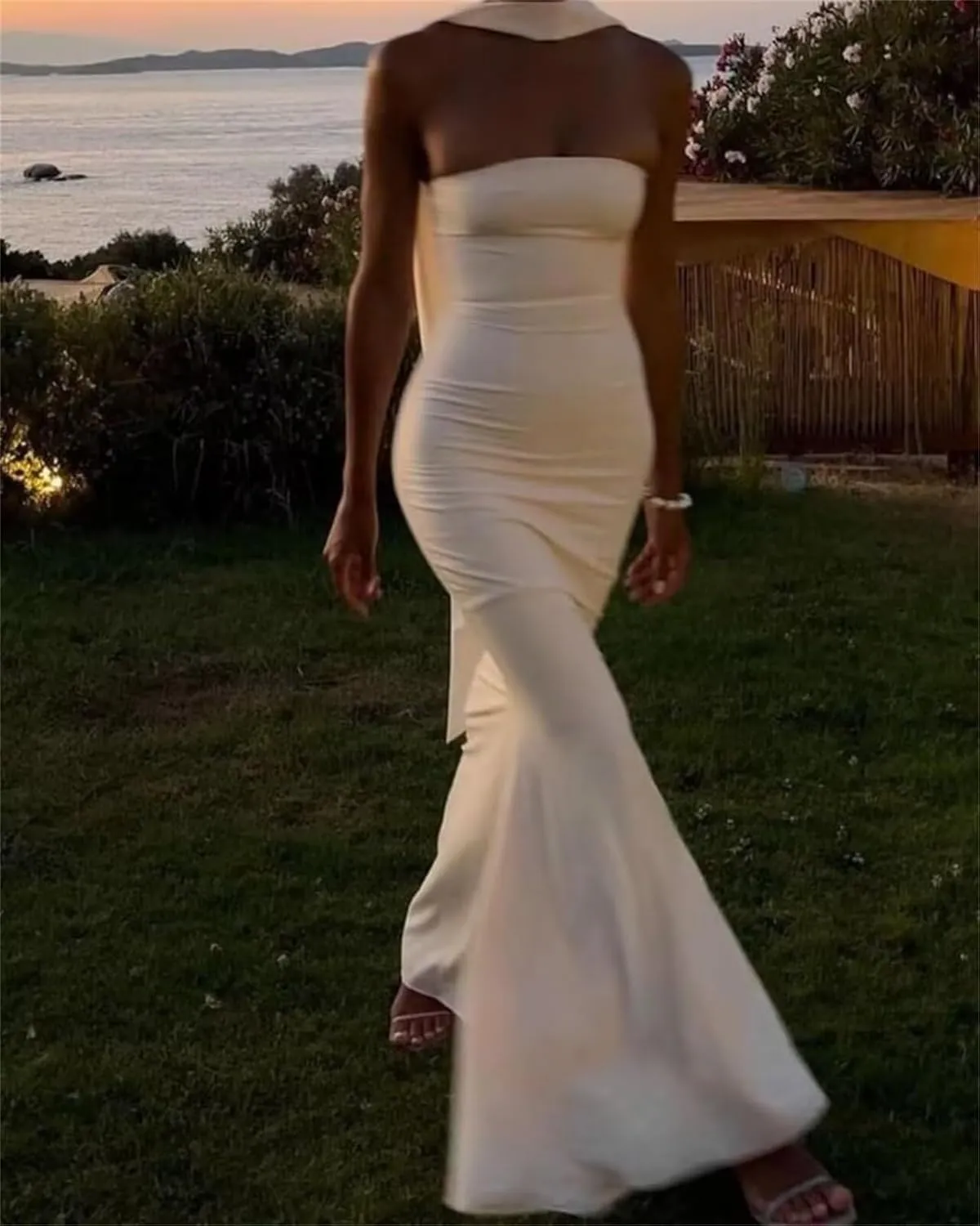 Strapless Prom Dresses Mermaid Long Cocktail Dresses for Women Satin Formal Dresses for Women with Scarves