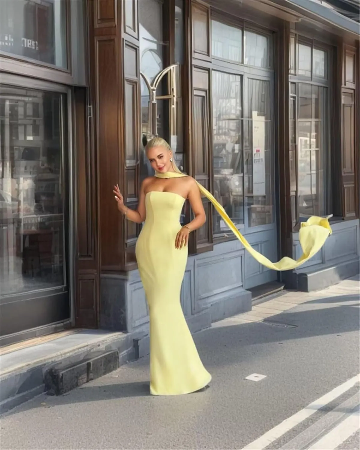Strapless Prom Dresses Mermaid Long Cocktail Dresses for Women Satin Formal Dresses for Women with Scarves