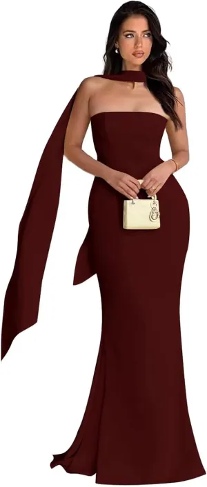 Strapless Prom Dresses Mermaid Long Cocktail Dresses for Women Satin Formal Dresses for Women with Scarves