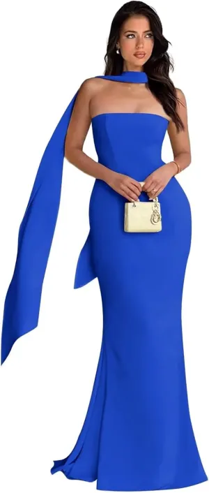 Strapless Prom Dresses Mermaid Long Cocktail Dresses for Women Satin Formal Dresses for Women with Scarves