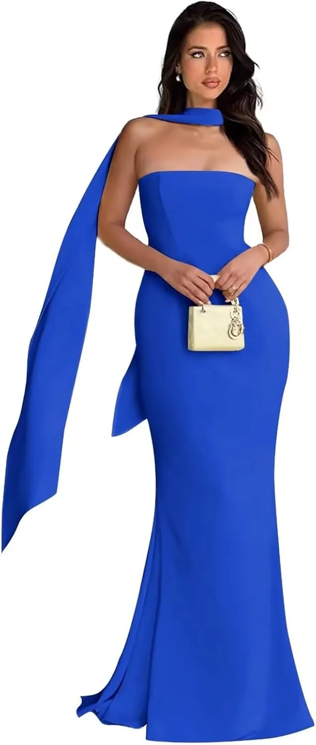 Strapless Prom Dresses Mermaid Long Cocktail Dresses for Women Satin Formal Dresses for Women with Scarves
