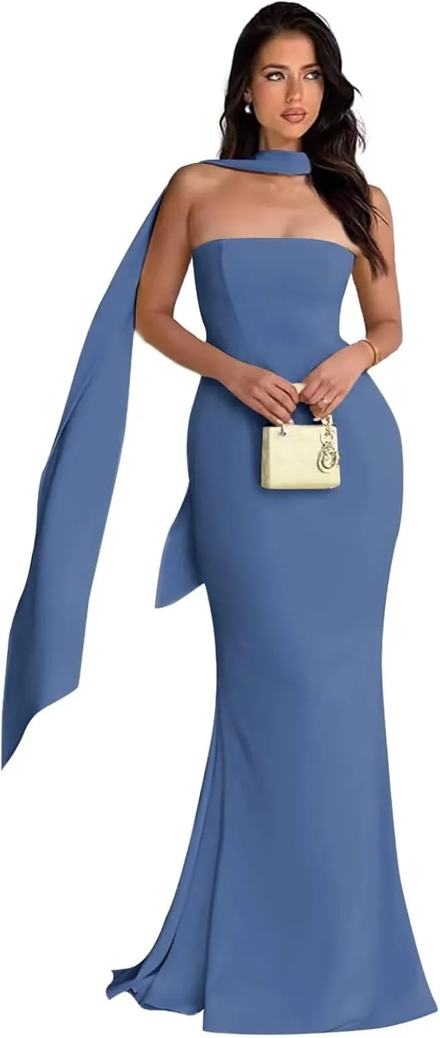 Strapless Prom Dresses Mermaid Long Cocktail Dresses for Women Satin Formal Dresses for Women with Scarves