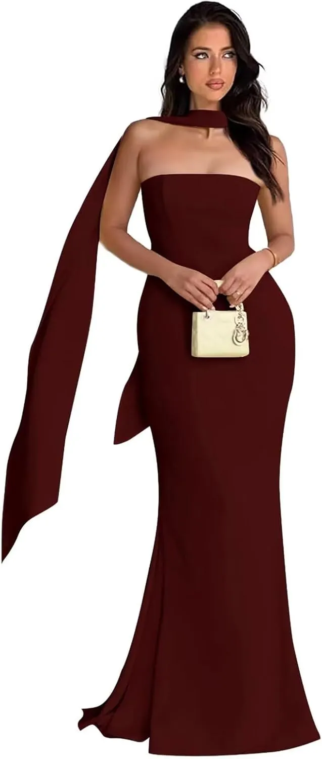 Strapless Prom Dresses Mermaid Long Cocktail Dresses for Women Satin Formal Dresses for Women with Scarves