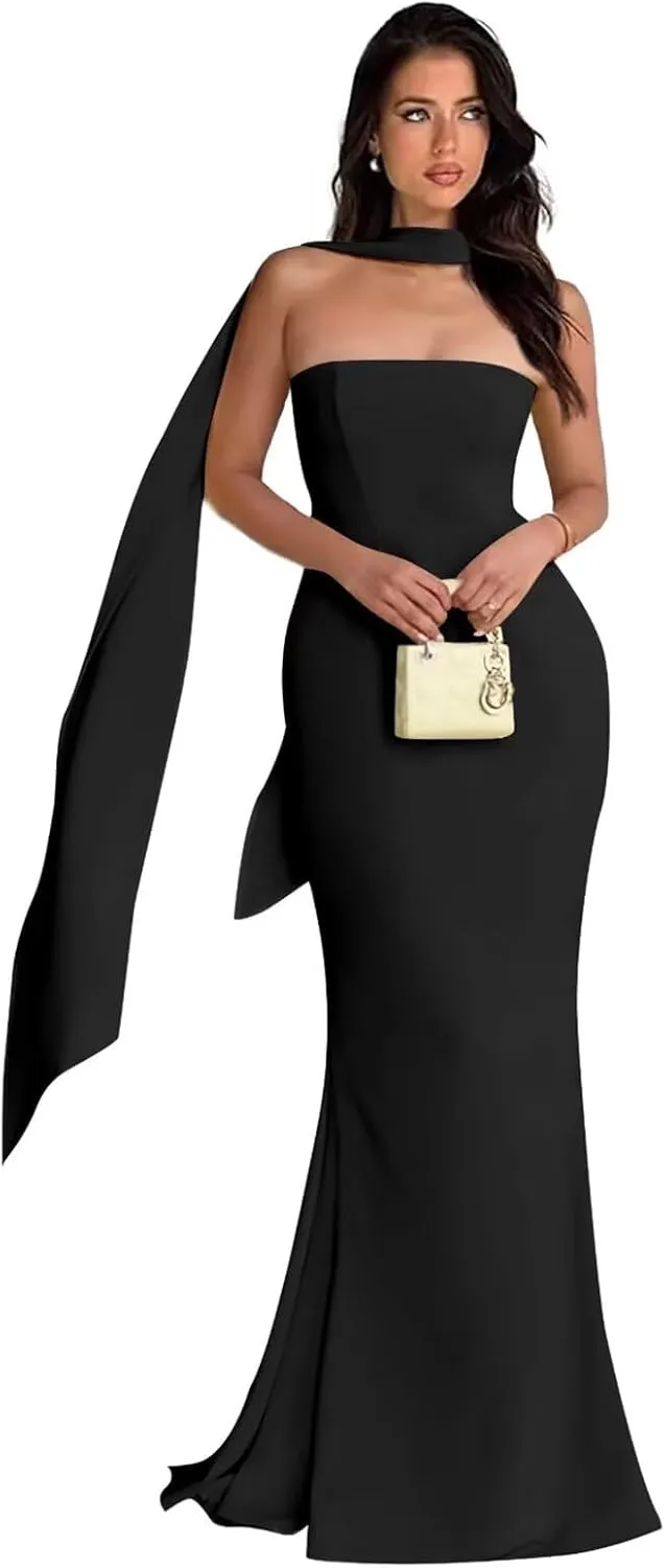 Strapless Prom Dresses Mermaid Long Cocktail Dresses for Women Satin Formal Dresses for Women with Scarves