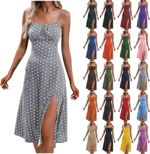 Summer Dresses for Women 2025 Elegant Sleeveless Polka Dot Print Sundresses Fashion Loose Fit Split Beach Dress