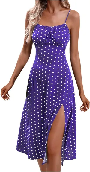 Summer Dresses for Women 2025 Elegant Sleeveless Polka Dot Print Sundresses Fashion Loose Fit Split Beach Dress