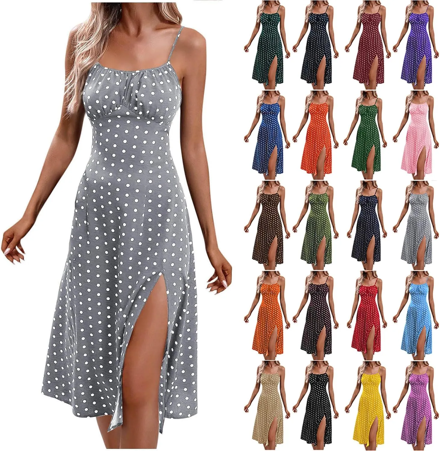 Summer Dresses for Women 2025 Elegant Sleeveless Polka Dot Print Sundresses Fashion Loose Fit Split Beach Dress