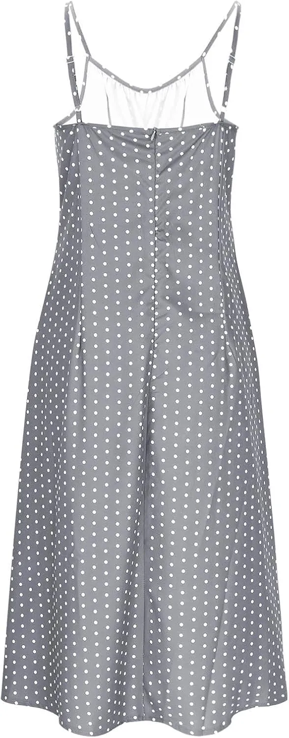 Summer Dresses for Women 2025 Elegant Sleeveless Polka Dot Print Sundresses Fashion Loose Fit Split Beach Dress