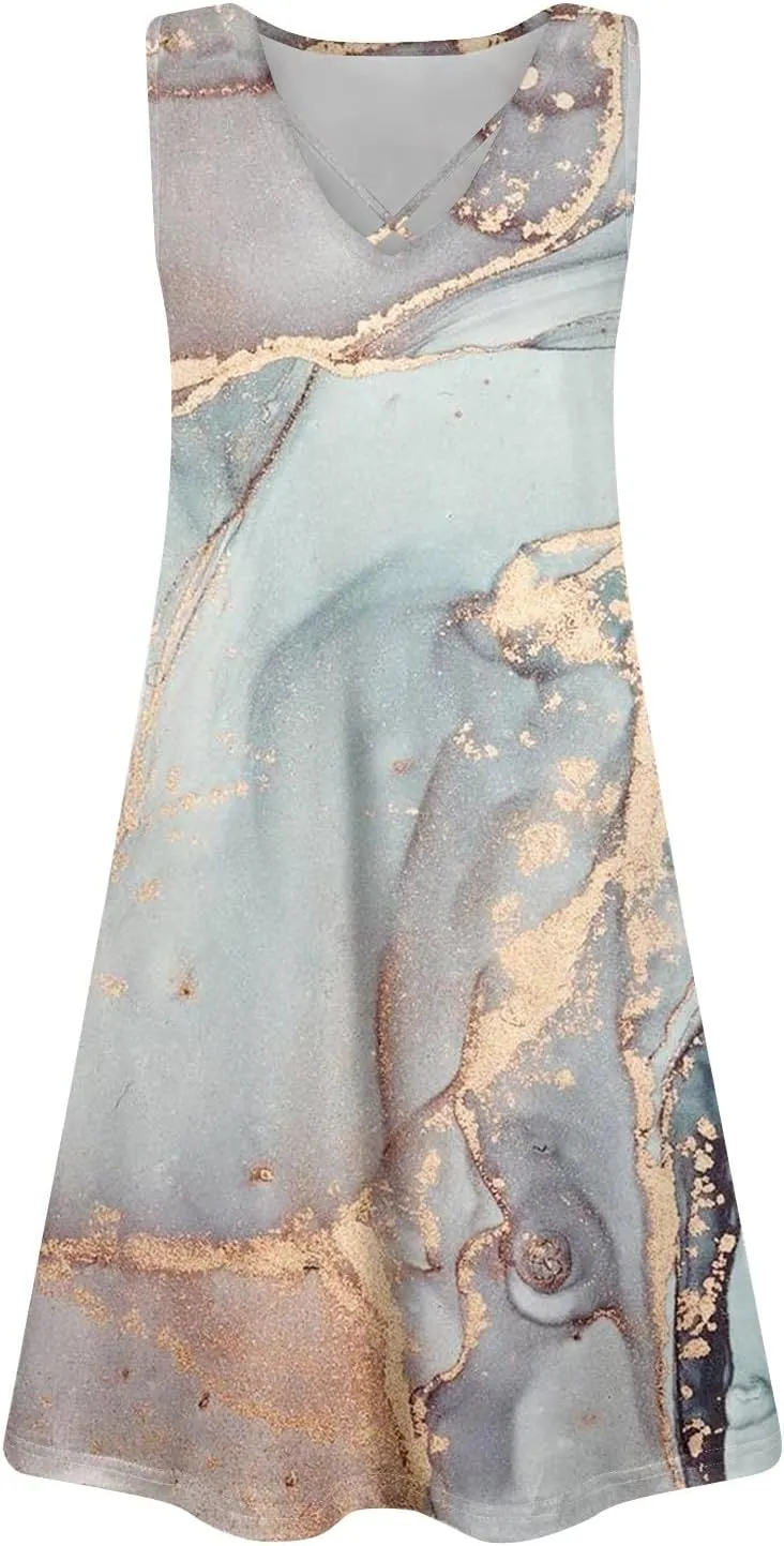 Summer Dresses for Women 2025 Floral Boho Beach Tank Dress V Neck Sleeveless T Shirt Dresses Loose Casual Sundresses