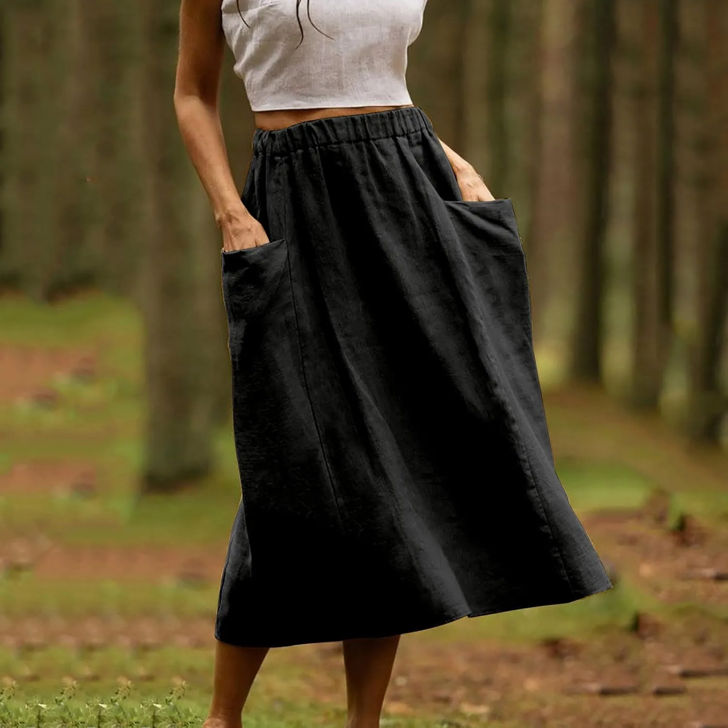 Summer Skirts for Women 2025 Trendy Soft Elastic Waisted Linen Skirt Midi Length Flowy Pleated Beach Maxi Skirt