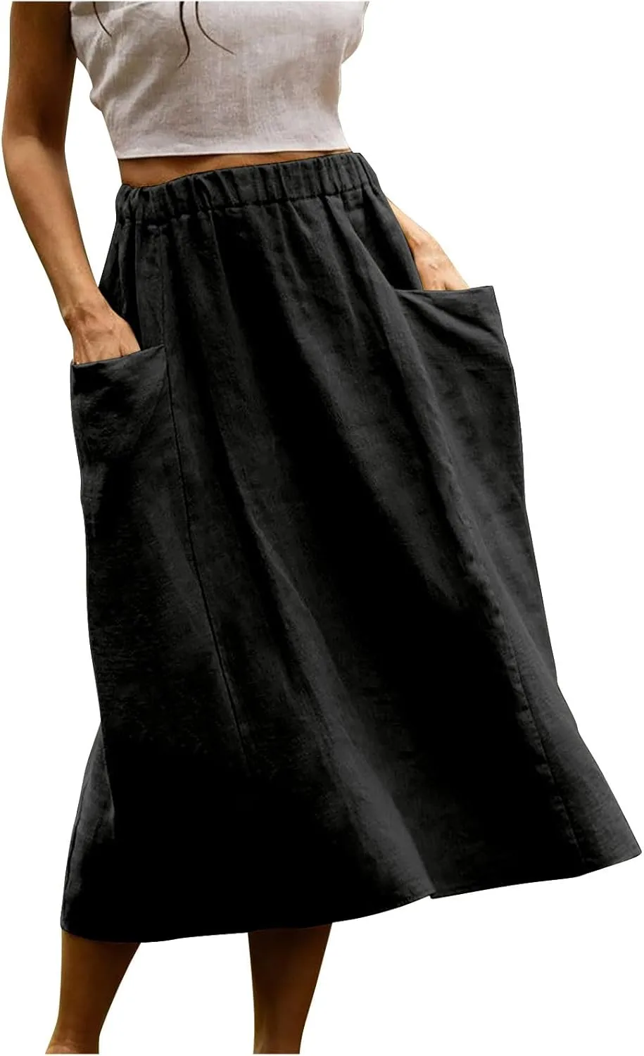 Summer Skirts for Women 2025 Trendy Soft Elastic Waisted Linen Skirt Midi Length Flowy Pleated Beach Maxi Skirt