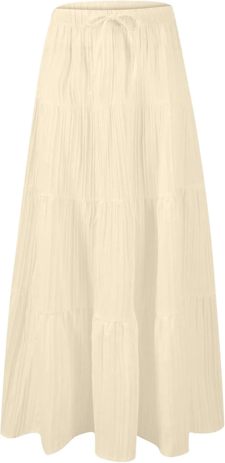 Summer Skirts for Women Casual Elastic High Waisted Pleated Skirt Midi Length Drawstring Flowy Beach Long Skirt