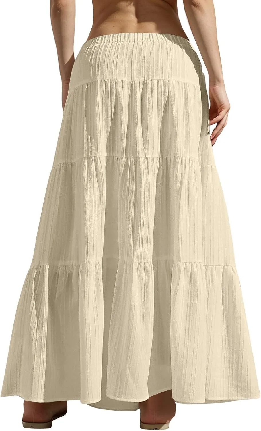 Summer Skirts for Women Casual Elastic High Waisted Pleated Skirt Midi Length Drawstring Flowy Beach Long Skirt
