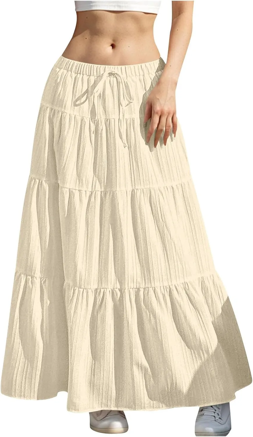 Summer Skirts for Women Casual Elastic High Waisted Pleated Skirt Midi Length Drawstring Flowy Beach Long Skirt