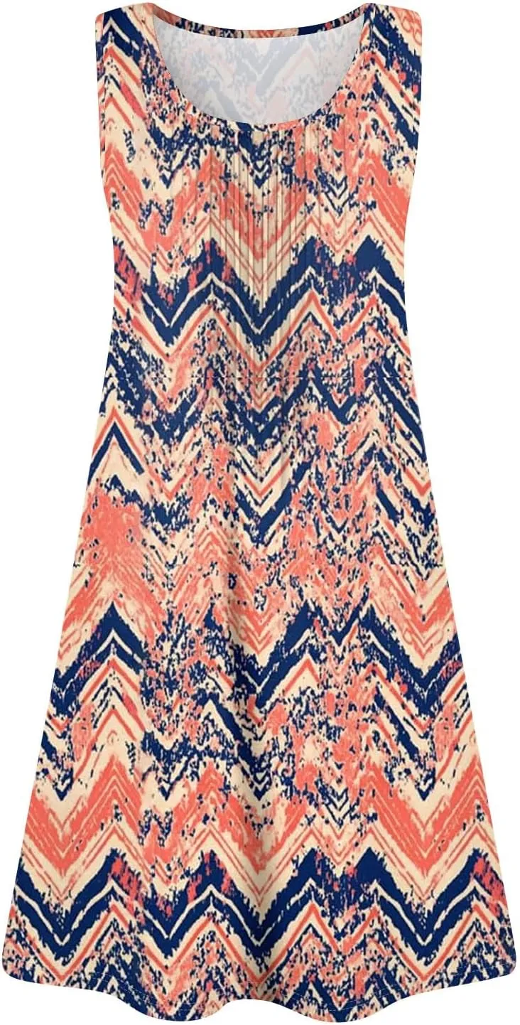 Sundresses for Women Short Sleeveless Summer Beach Hawaiian Dresses Square Neck Floral Boho Mini Dress with Pockets