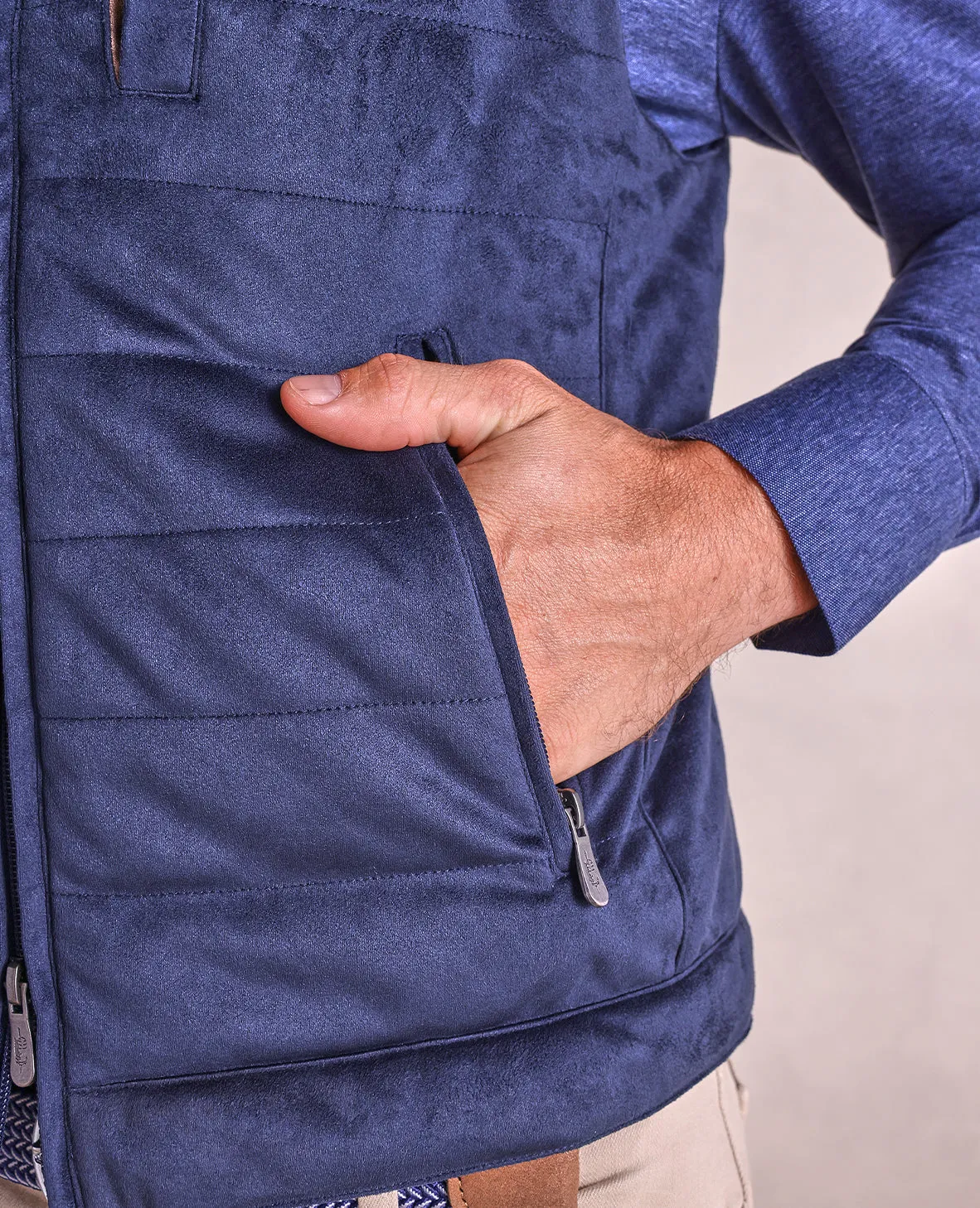 The Colton - Microsuede Vest - Navy/Chocolate Trim