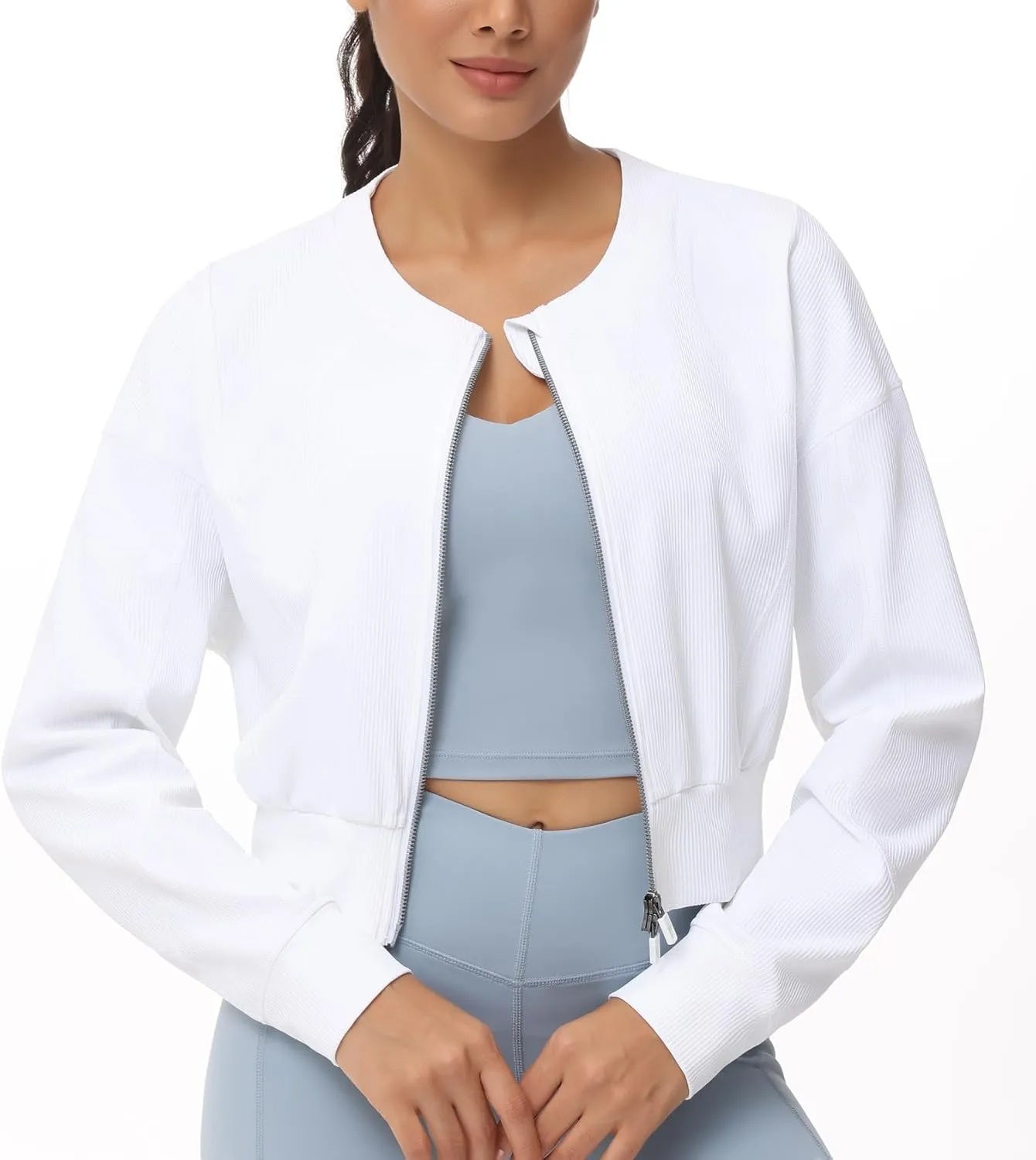 THE GYM PEOPLE Women's Cropped Jackets Full Zip Long Sleeve Ribbed Workout Sweatshirts Lightweight Casual Tops