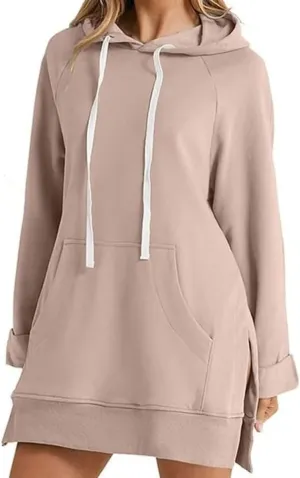 The Warmy Oversized Hoodie Dress Women First Ones Casual Drawstring Pullover Long Sleeve Split Hem with Kangaroo Pocket