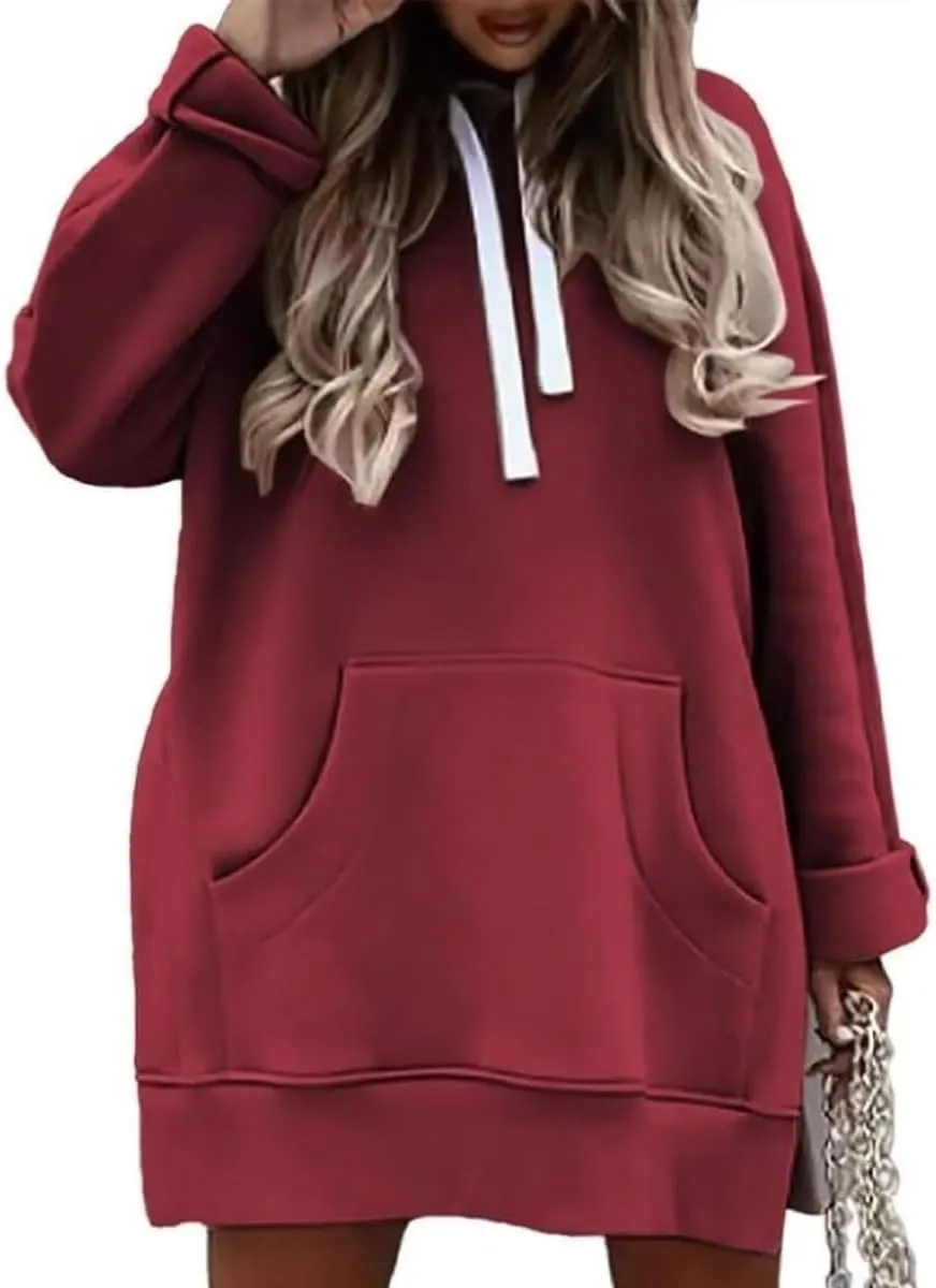The Warmy Oversized Hoodie Dress Women First Ones Casual Drawstring Pullover Long Sleeve Split Hem with Kangaroo Pocket
