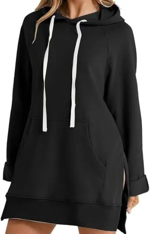 The Warmy Oversized Hoodie Dress Women First Ones Casual Drawstring Pullover Long Sleeve Split Hem with Kangaroo Pocket