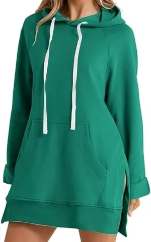 The Warmy Oversized Hoodie Dress Women First Ones Casual Drawstring Pullover Long Sleeve Split Hem with Kangaroo Pocket