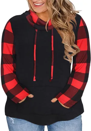 TIYOMI Plus Size Hoodies for Women Color Block Tops Drawstring Hooded Tunic Blouses Pullover T Shirts