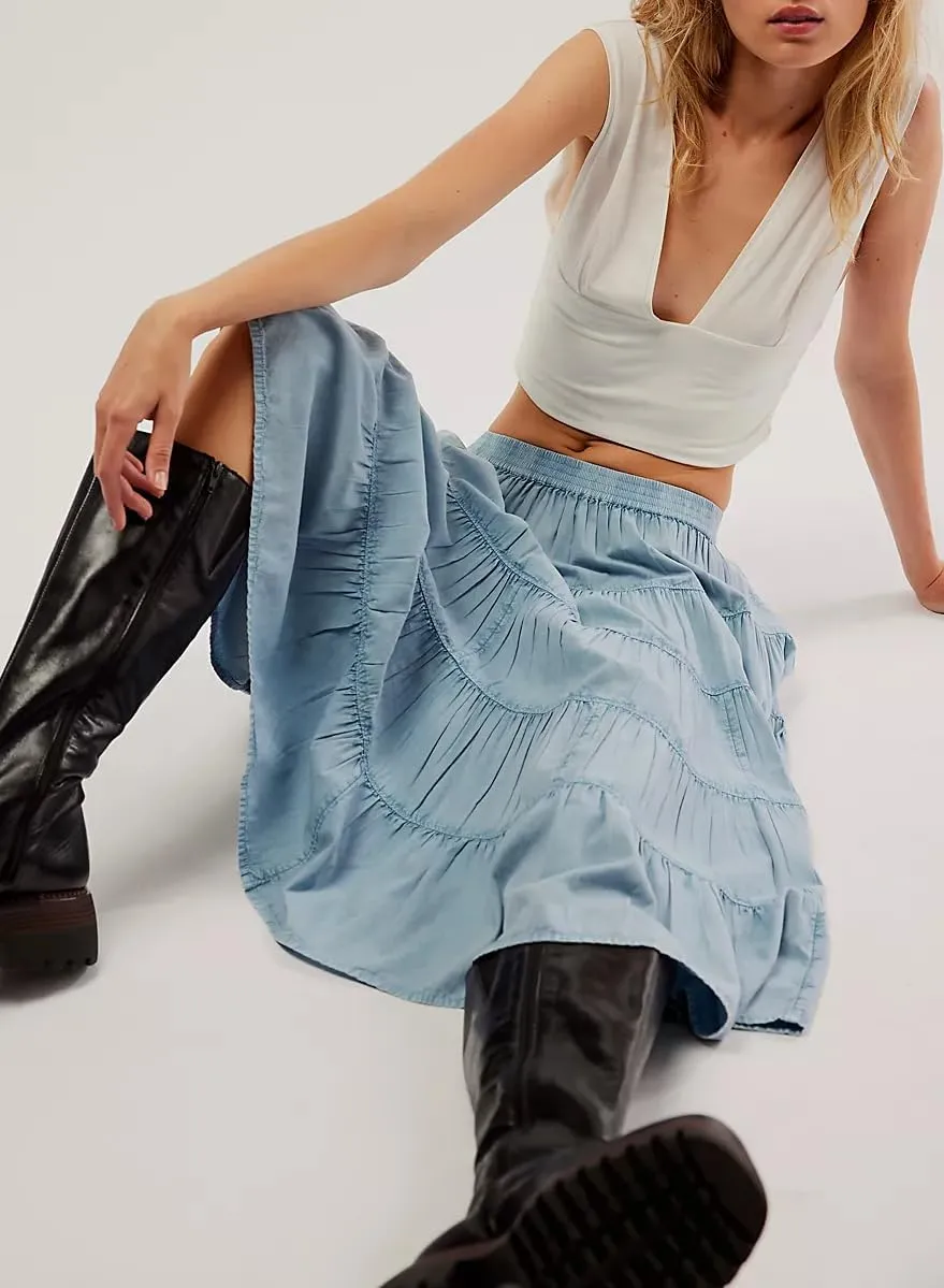 UAURORAO Women Casual Pleated Maxi Skirts High Elastic Waist Tiered Flowy Long Skirts Summer Beach Swing Midi Skirts