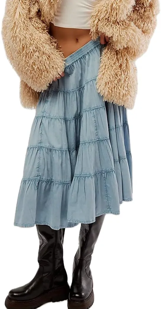 UAURORAO Women Casual Pleated Maxi Skirts High Elastic Waist Tiered Flowy Long Skirts Summer Beach Swing Midi Skirts