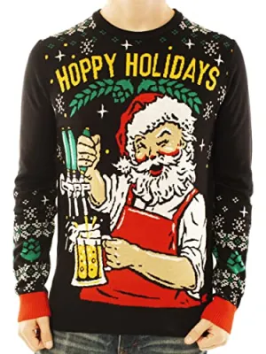 Ugly Christmas Party Sweater Unisex - Hoppy Holidays Santa Beer Drinking-Large Hoppy Holidays Black
