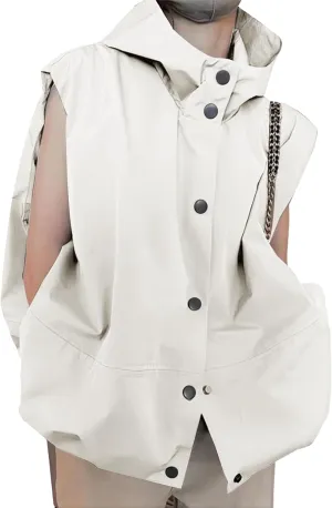 utcoco Womens Casual Lightweight Button Down Vest Cargo Oversized Ruched Hem Sleeveless Hoodie Jackets Tops