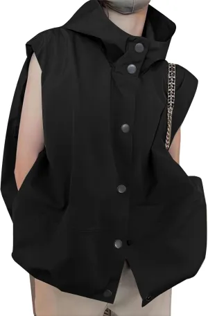 utcoco Womens Casual Lightweight Button Down Vest Cargo Oversized Ruched Hem Sleeveless Hoodie Jackets Tops