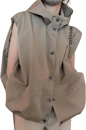 utcoco Womens Casual Lightweight Button Down Vest Cargo Oversized Ruched Hem Sleeveless Hoodie Jackets Tops
