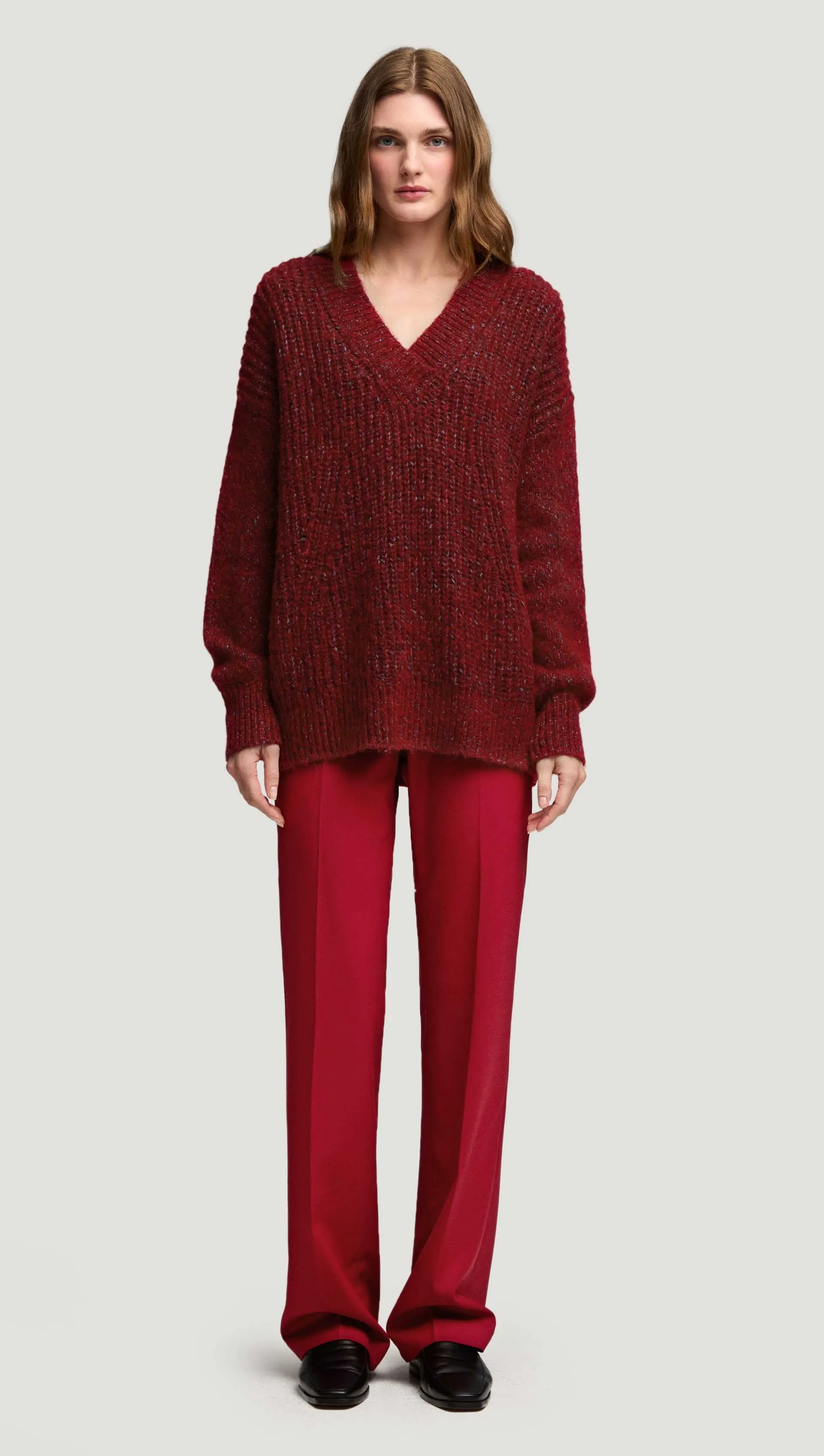 V-Neck Sweater in Marl Yarn | Burgundy