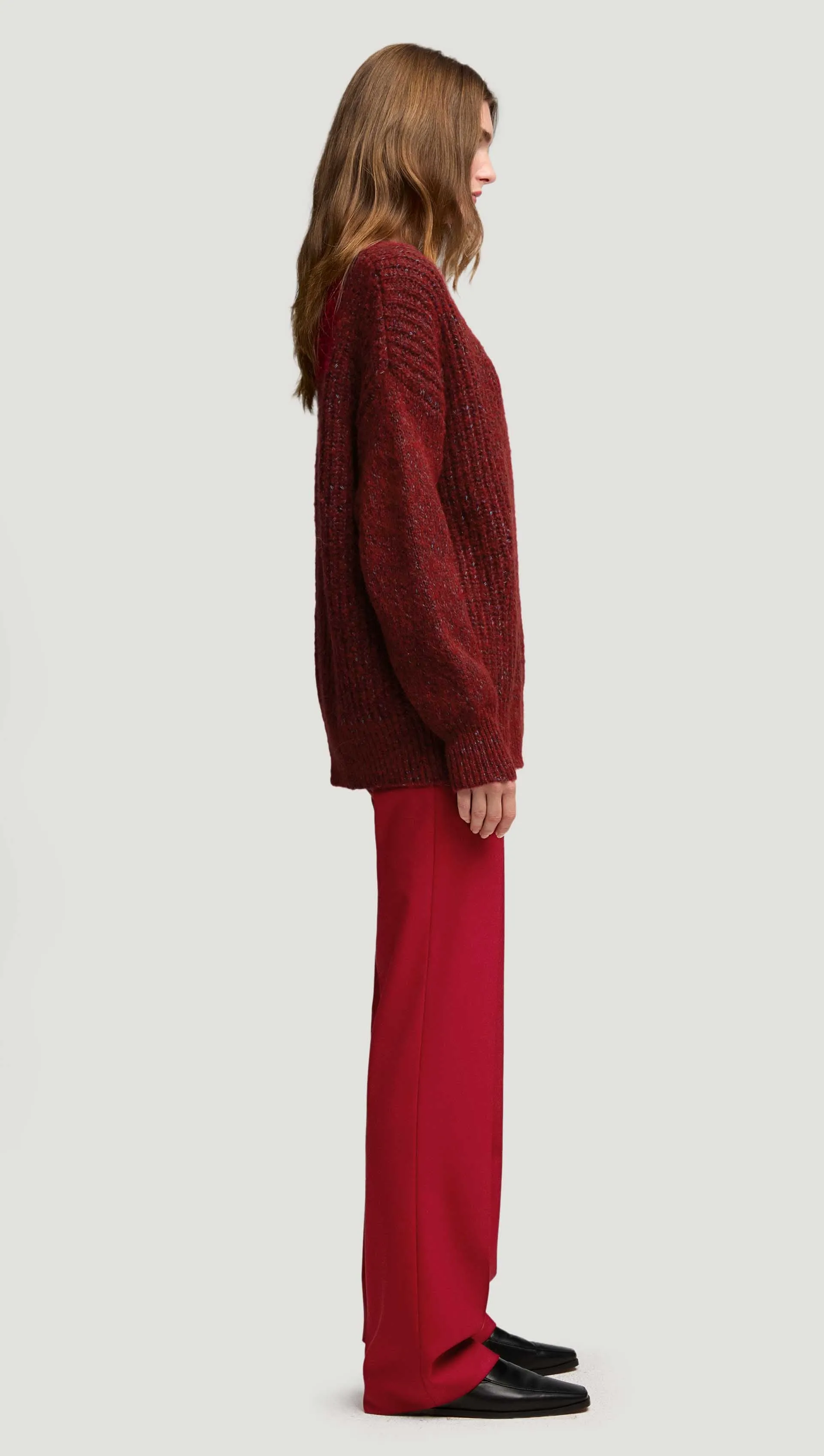 V-Neck Sweater in Marl Yarn | Burgundy