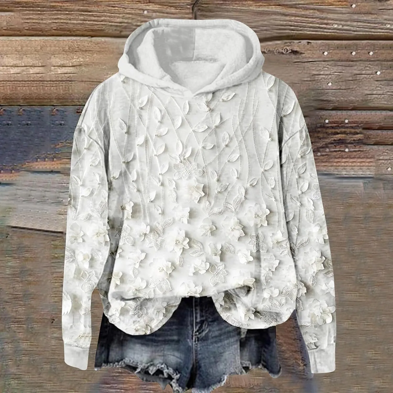 Vintage Floral Embroidery Art Cozy Women Hoodie Fleece Sweatshirt Long Sleeve Shirt Pullover Fall Winter Outfits 2024