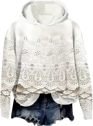 Vintage Floral Embroidery Art Cozy Women Hoodie Fleece Sweatshirt Long Sleeve Shirt Pullover Fall Winter Outfits 2024
