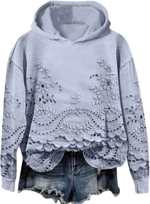 Vintage Floral Embroidery Art Cozy Women Hoodie Fleece Sweatshirt Long Sleeve Shirt Pullover Fall Winter Outfits 2024