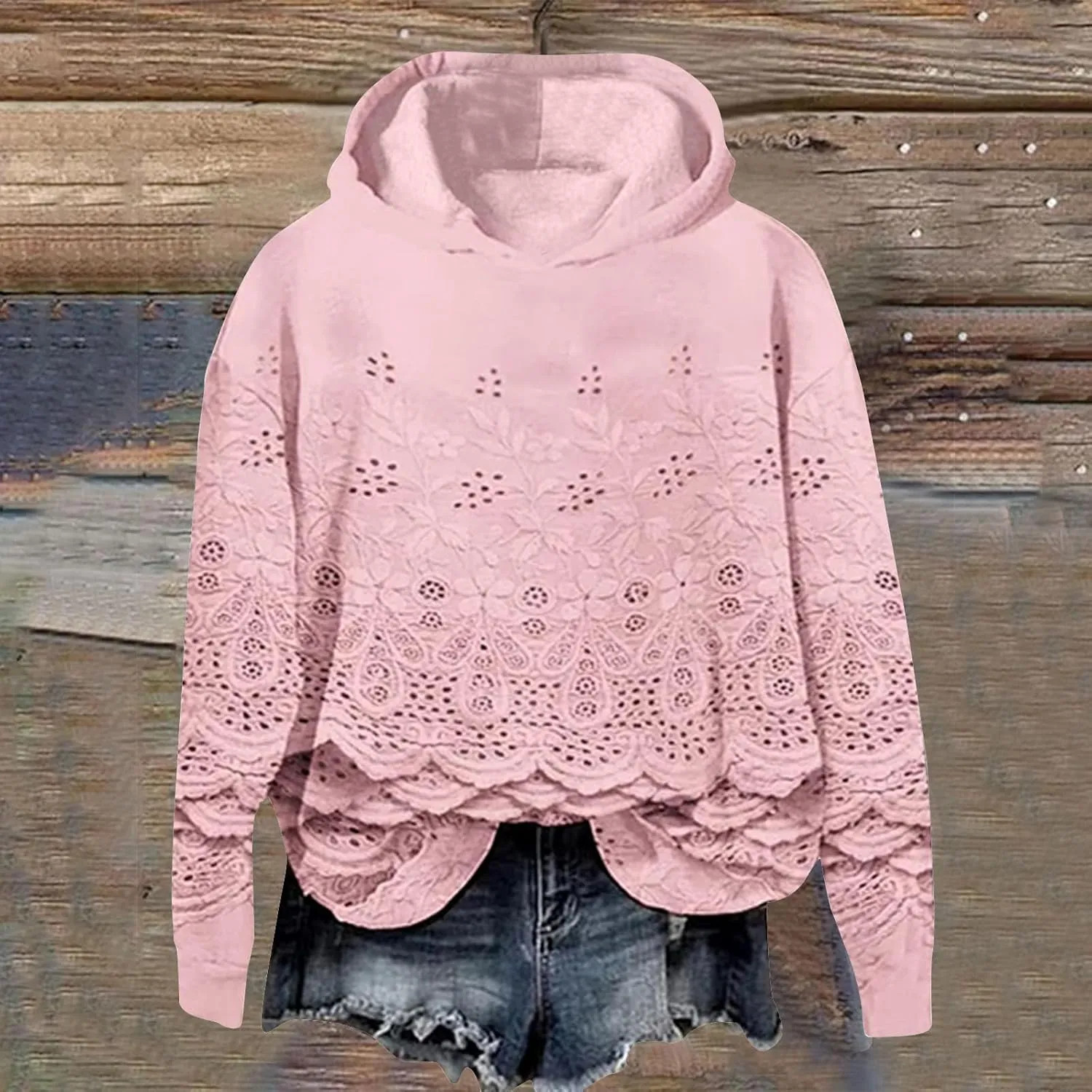 Vintage Floral Embroidery Art Cozy Women Hoodie Fleece Sweatshirt Long Sleeve Shirt Pullover Fall Winter Outfits 2024