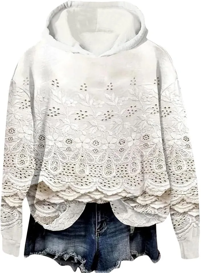 Vintage Floral Embroidery Art Cozy Women Hoodie Fleece Sweatshirt Long Sleeve Shirt Pullover Fall Winter Outfits 2024