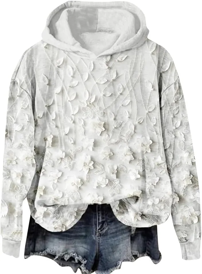 Vintage Floral Embroidery Art Cozy Women Hoodie Fleece Sweatshirt Long Sleeve Shirt Pullover Fall Winter Outfits 2024