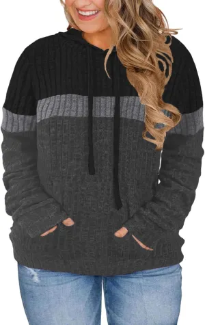 VISLILY Plus-Size-Hoodies for Women Casual Color Block Sweaters Long Sleeve Pullover Sweatshirts Cute Loose Tops with Pocket